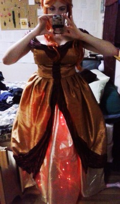 Brigid L. as Flame Princess, work-in-progress. LEDs in the ballgown, how cool?!